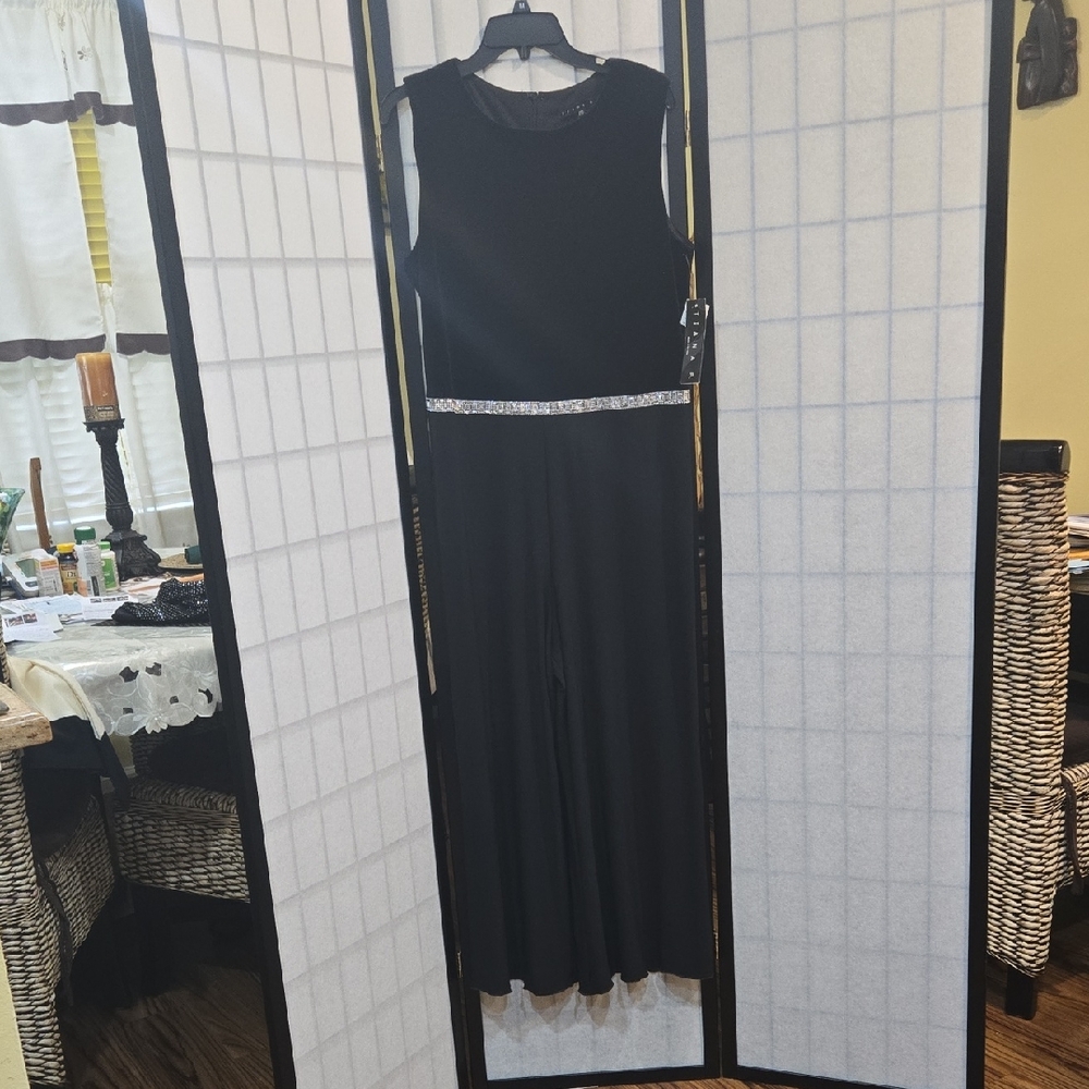 Tiana B Black Jumpsuit with Silver Waistband and Crew Neck